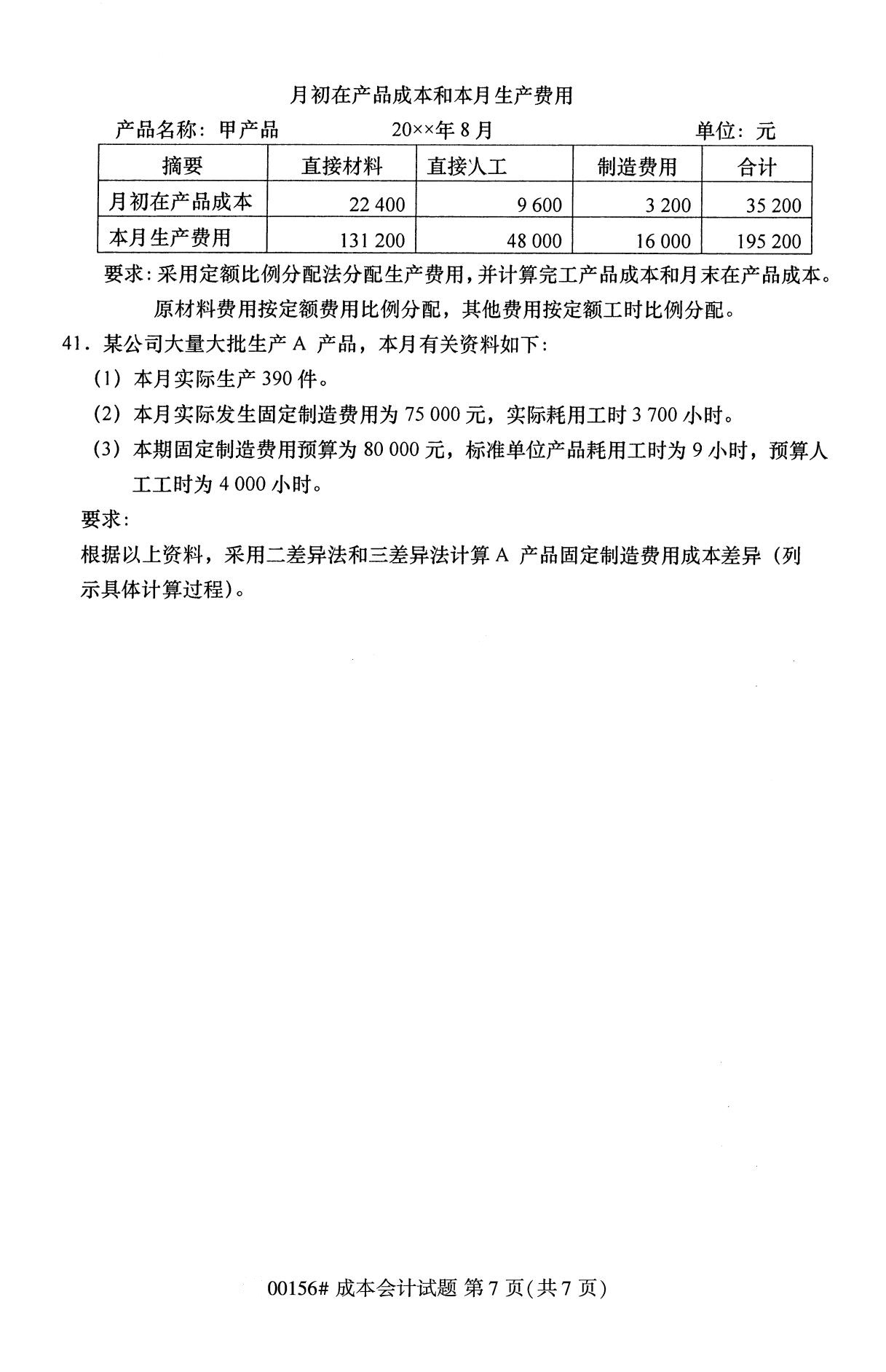 浙江自考?xì)v年真題 自考專(zhuān)科成本會(huì)計(jì)(00156)6